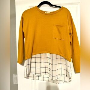 LES AMIS Mustard Plaid Contrast Blouse New
